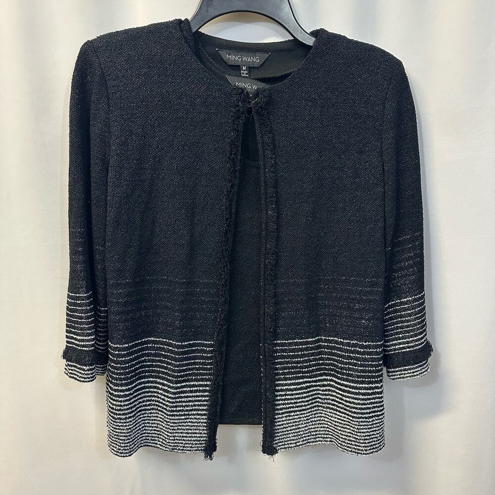 Ming Wang 2 Piece Tank Top Shell Cardigan Black Silver Metallic Twinset Medium